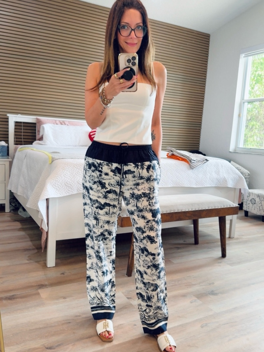 Tory Burch Navy Blue & White Scenic Print Drawstring Joggers